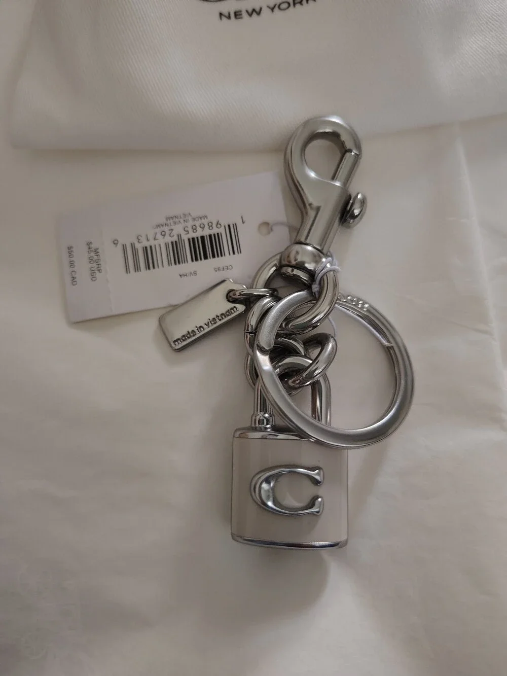 NWT! Coach Cream Padlock Key Charm with Silver-Tone Hardware #CEF95